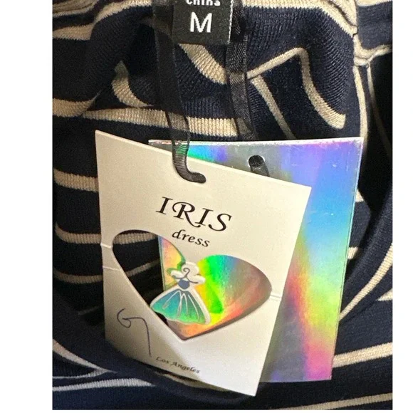 Iris Los Angeles Navy Striped Long Sleeve Tulip Hem Bodycon Dress Nautical M NWT - Picture 7 of 9